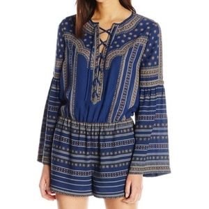 BCBG MaxAzria “Nancie” Romper Navy Blue Lace Up Front Medallion Boho Print XXS